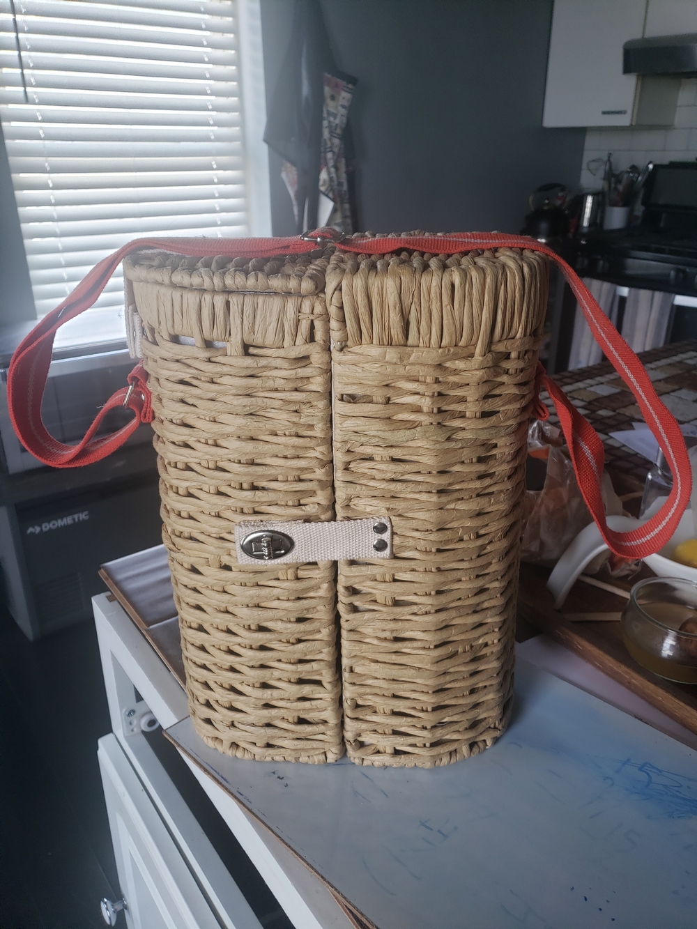 Woven Straw Wine Crossbody Bag with Coral Strap